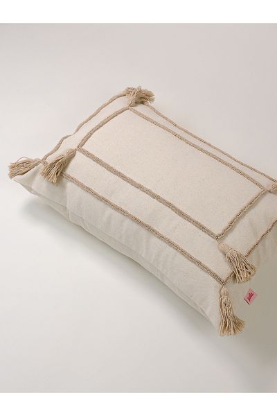 Galia Tasarım Μαξιλαροθήκη μαξιλαριού Bohemian Beige με φούντα πλυμένο λινό ορθογώνιο μαξιλάρι