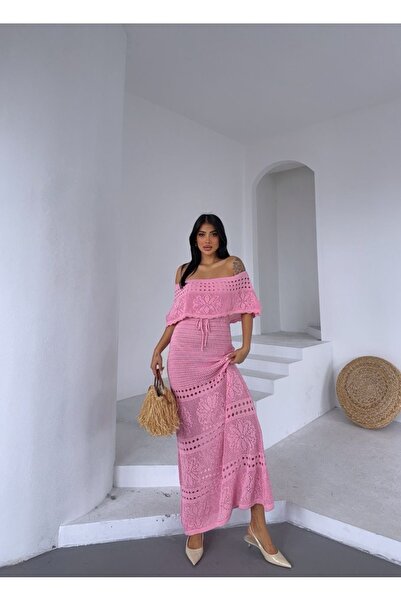 Ekim Store Rose Degaje Collar Openwork Maxi Dress