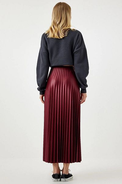 Stil Sepeti Fusta lungă plisată cu talie elastică ascunsă de damă bordeaux ST- 100078641