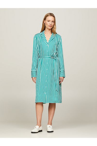 Tommy Hilfiger Women Green Stripe Twill Midi Shirt Dress