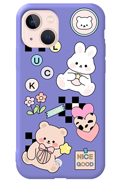 WANNA PROTECT iPhone 15 Lila İçi Kadife Cute Tavşan Desenli Silikon Telefon K...
