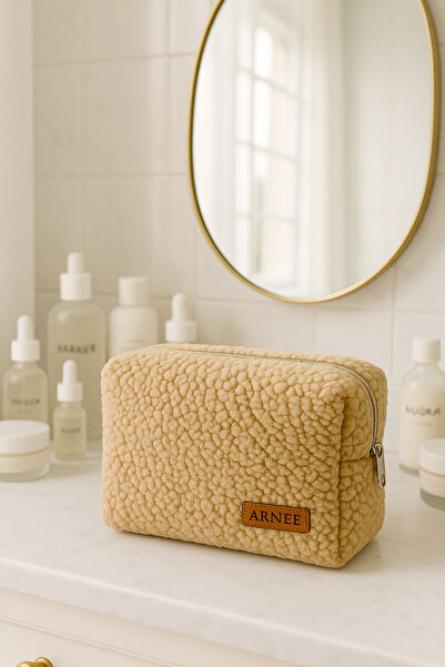 Arnee Кафява мека овча козина плюшена чанта за грим Малка козметична чанта