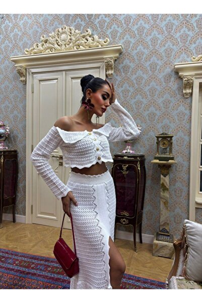 LOVE GO Madonna Collar Slit Skirt Stylish Knitwear Suit