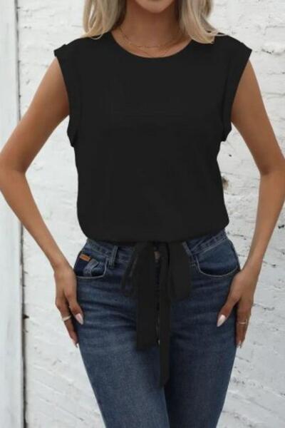 Mossta Μπλούζα κρεπ με λεπτομέρεια με κορδόνια χωρίς μανίκια, μαύρη