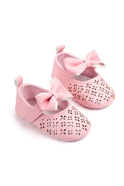 Superbaby Pantofiori roz cu model ajurat si fundita aplicata