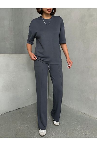 Lusin Women's Gray Soft Modal Fabric Short Sleeve Pants Blouse Bottom Top Two Piece Set