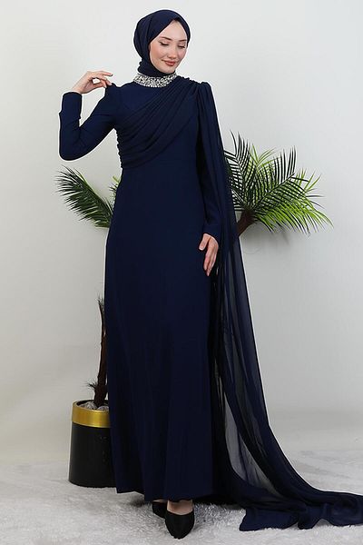 GİYZAMİLA Φόρεμα με πέτρες στο γιακά Navy Blue