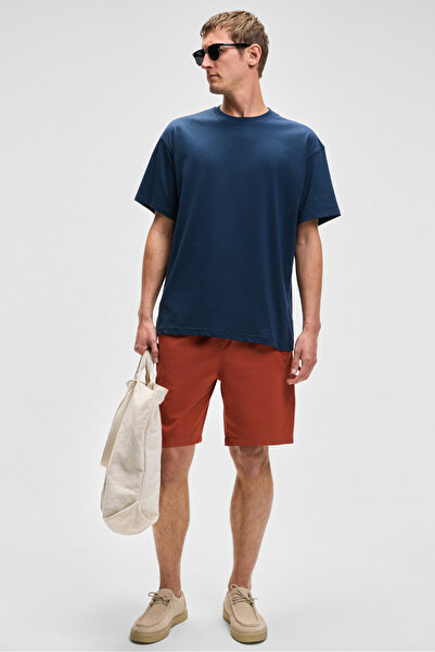 GRIMELANGE Feon Men's Oversize Wide Cut 100% Organic Cotton Thick Textured Round Neck Navy Blue T-Shirt