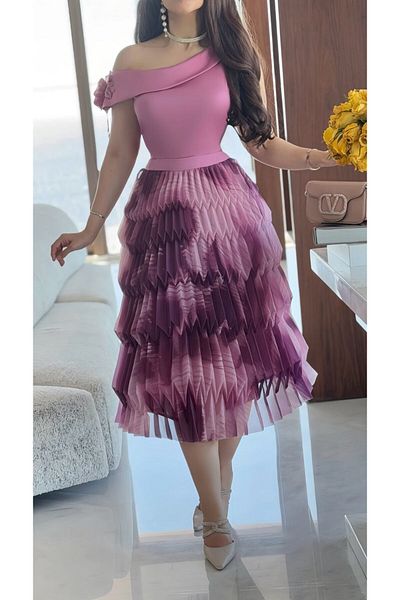Opera Pink blouse and skirt set: one-shoulder blouse with rose embellishment and pleated skirt