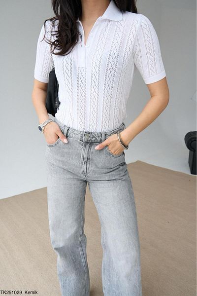Litesa Women's Polo Neck Openwork Short Sleeve Viscose Knitwear Sweater