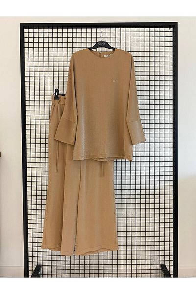 Armine TREND New Season Spanish Sleeve Shiny Tunic and Elastic Waist Fabric Pants Top and Bottom Set
