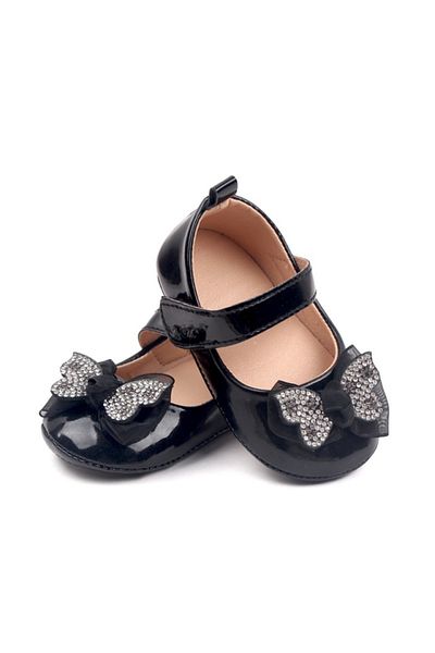 Superbaby Pantofiori negri, din lac, cu fundita cu strasuri