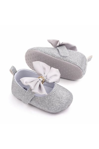 Superbaby Pantofiori argintii cu strasuri si fundita din satin