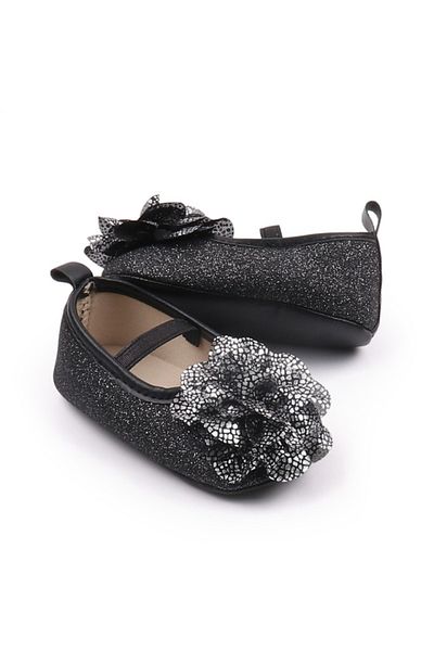 Superbaby Pantofiori eleganti negri cu sclipici si floare argintie