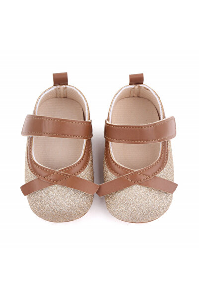 Superbaby Pantofiori aurii pentru fetițe pentru primii pași, cu fundiță maro ...