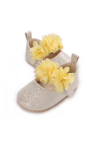 Superbaby Pantofiori ivoire metalizat cu floricele galbene