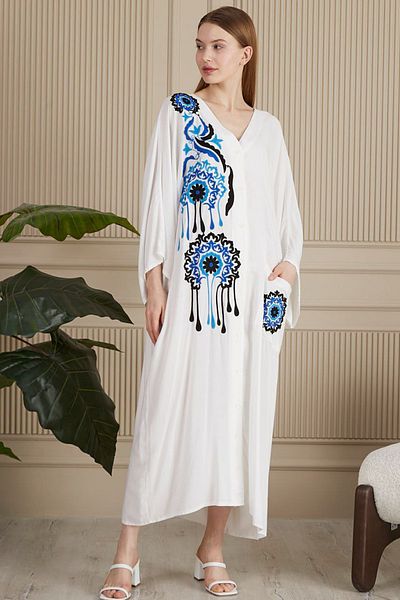 AYASOFYA OTANTIK Women's White Ethnic Authentic Embroidery Detailed Pocket Oversize Loose Shirt Dress