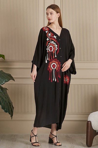 AYASOFYA OTANTIK Women's Black Ethnic Authentic Embroidery Detailed Oversize Loose Shirt Dress with Pockets