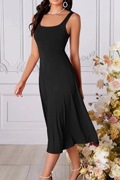 Mossta Square Neck Midi Crepe Dress Black