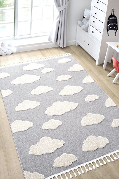 Eliz Home Bulut Desenli Gri Renk Dokuma Halı Bebek Odası Çocuk Odası Halısı 2