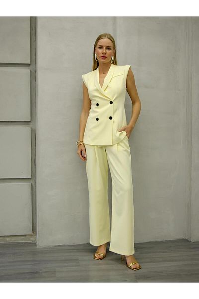 Coral Padded Double Breasted Vest Suit Light Yellow