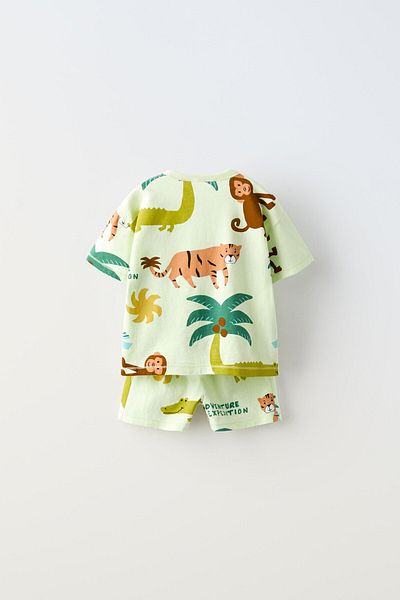Magu Boys' Cotton Light Green Safari Themed Animal Printed Summer T-Shirt and Shorts Set
