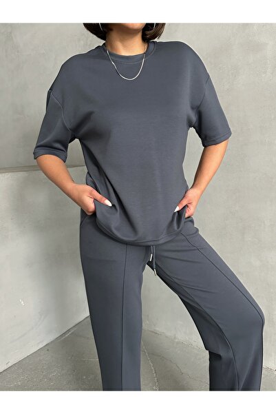 Lusin Women's Gray Soft Modal Fabric Short Sleeve Pants Blouse Bottom Top Two Piece Set