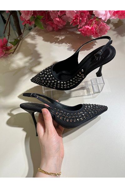 İST FİDAN KUNDURA Women's Open Back Stone Detailed Heeled Shoes