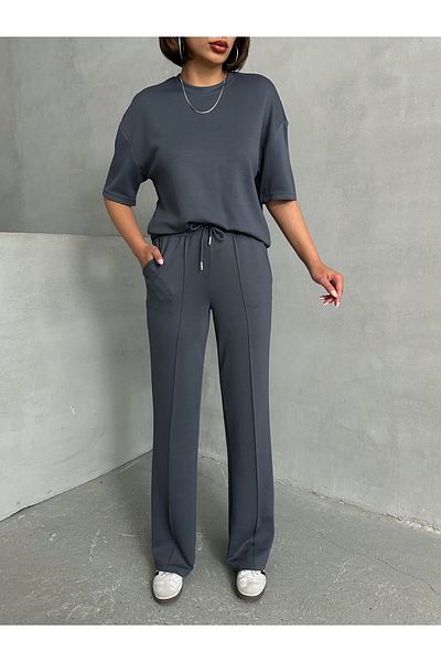 Lusin Women's Gray Soft Modal Fabric Short Sleeve Pants Blouse Bottom Top Two Piece Set