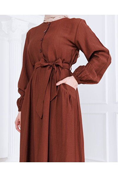 NEW STYLE Kuşaklı Düğmeli Viskon Elbise - Kahverengi
