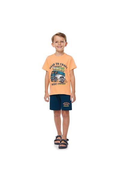 Victor and Jane Boys Cute Bus "ROAD TO COAST" Set T-Shirt & Pull-On Shorts - Coral & Blue