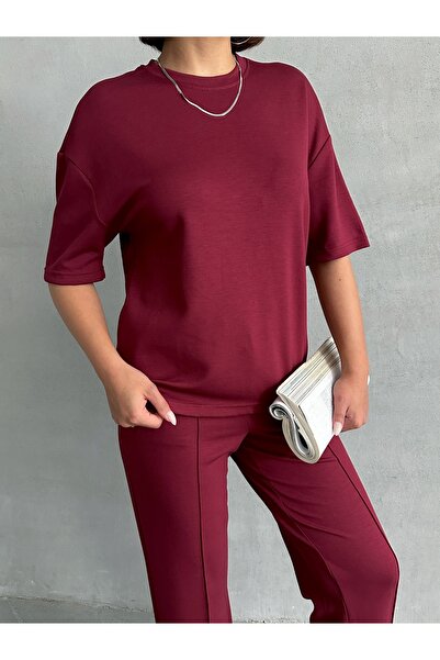 Lusin Women's Burgundy Soft Modal Fabric Short Sleeve Pants Blouse Bottom Top Double Set