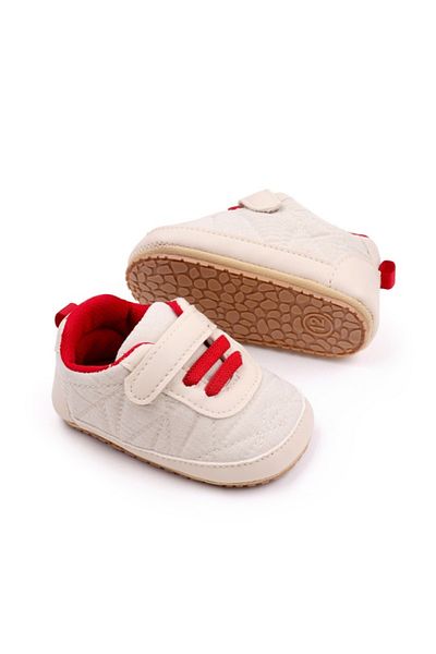 Superbaby Pantofiori crem cu sireturi rosii pentru baietei