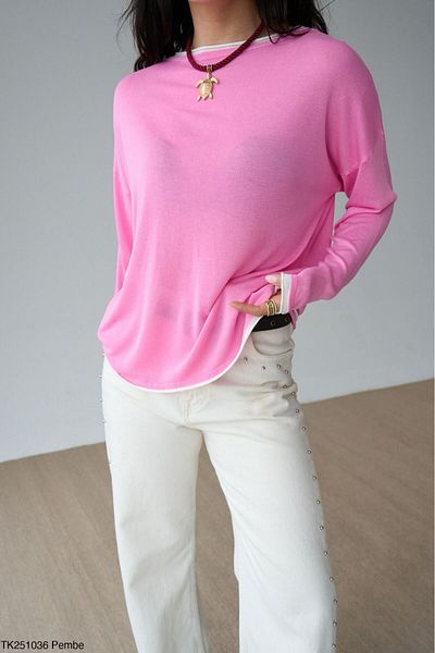 Lupies Women's Pink Colorful Thin Knitwear Sweater