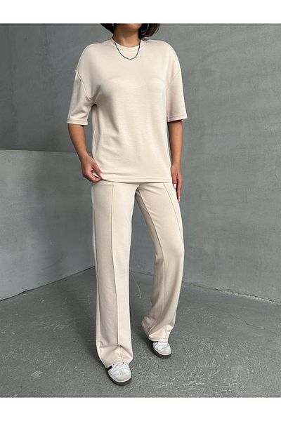 Lusin Women's Cream Soft Modal Fabric Short Sleeve Pants Blouse Tracksuit Set