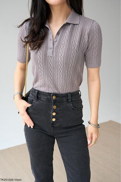 Litesa Women's Polo Neck Openwork Short Sleeve Viscose Knitwear Sweater