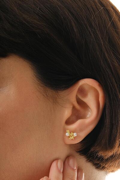 Sümer Telkari İncili Dallı Altın Kaplama Mini Gümüş Küpe 7363