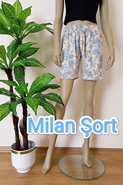 VİP BERA TEKSTİL Kadın Milan Kumaş Çiçek Desenli Rahat Kesim Esnek Şort