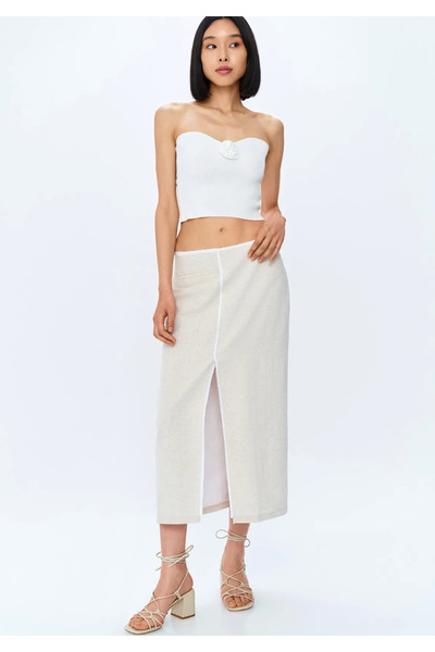 Quzu Fusta midi din in cu detaliu cu fanta naturala