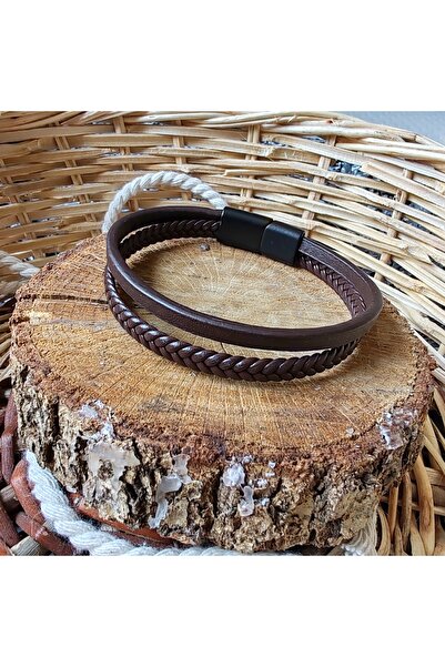 HALAT VE KAHVERENGİ DERİ & SAÇ ÖRGÜ İKİLİ ÇOKLU BİLEKLİK