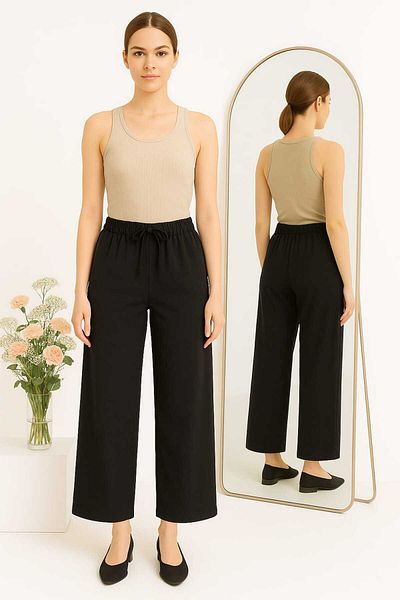 alpike Women's Black Elastic Waist Wide Leg Loose Summer Trousers Aerobin Alpike