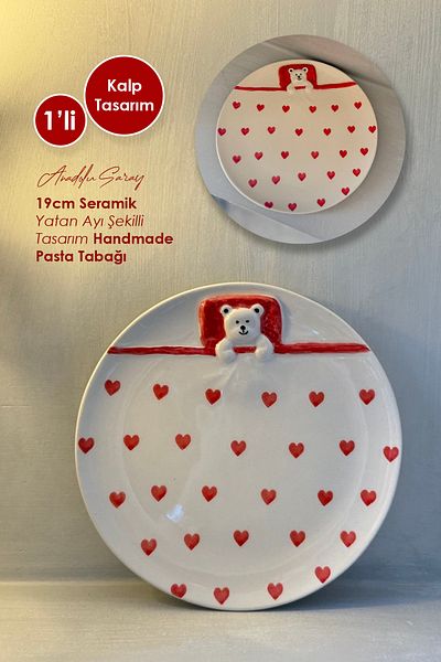 Anadolu Saray 1 Piece 19cm Ceramic Heart Design Lying Bear Shaped Handmade Pastry Plate Dessert Breakfast Plate