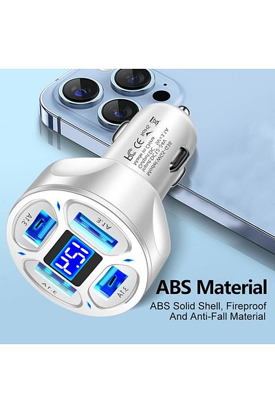 ABYZ Car Charger up to 66W 2 USB 3.0 2x USB 2.4A Fast Charge Multiple Protections and with blue LED White