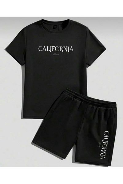 khufu Oversize Crew Neck Bottom Top T-Shirt Shorts California Printed Double Set