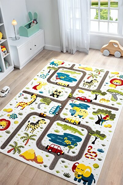 Eliz Home Hayvan Trafik Araba Yolu Figürlü Dokuma Halı Yıkanabilir Çocuk Halı...