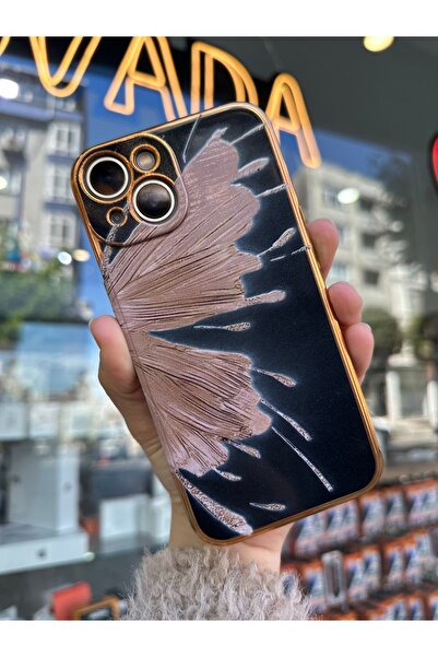 OVADA iPhone 13/14 Uyumlu Kamera Korumalı Gold Kenarlı Kelebek Kanadı Baskılı Silikon Kılıf