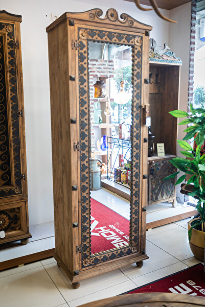 GÜRSES HOME Yatak Odası Aynalı Gardırop Masif Ağaç Tek Kapılı El Oyması Gizli Çekmeceli