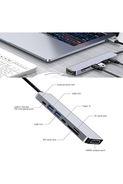 Generic 7-in-1 Multiport USB-C Hub Adapter – Type-C to 3x USB 3.0, SD/TF Card Reader, HDMI, PD Charging Port