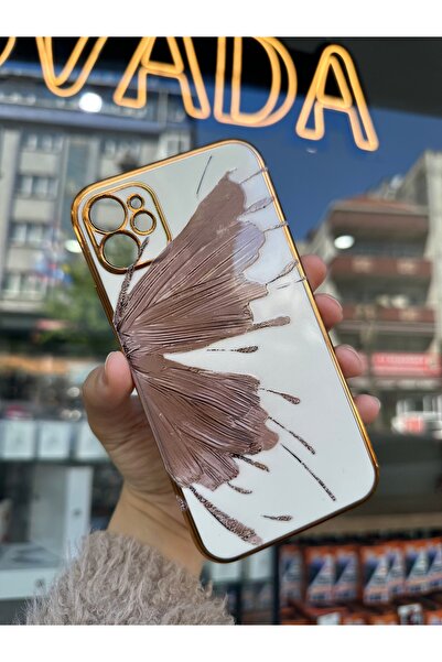 OVADA iPhone 11 Uyumlu Kamera Korumalı Gold Kenarlı Kelebek Kanadı Baskılı Silikon Kılıf