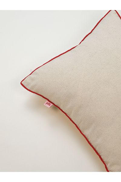 Galia Tasarım Corded Washed Linen Beige Throw Pillow - Red Striped Cover